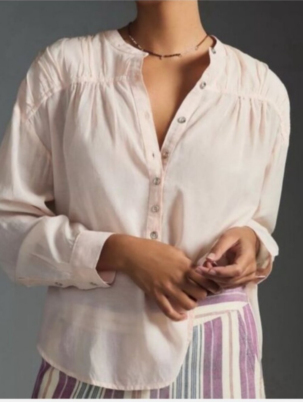 Pilcro Henley Pullover Blouse Pink Cotton Size Large Anthropologie